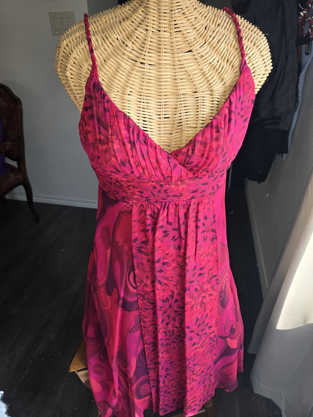 Vibrant Fuchsia Pink Patterned Spaghetti Strap Dress Vintage